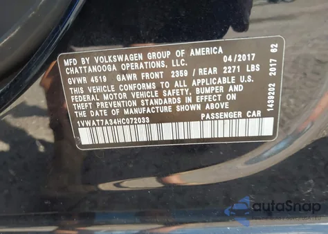 2017 Volkswagen Passat 1.8T S из США, поврежденный, VIN 1VWAT7A34HC072033